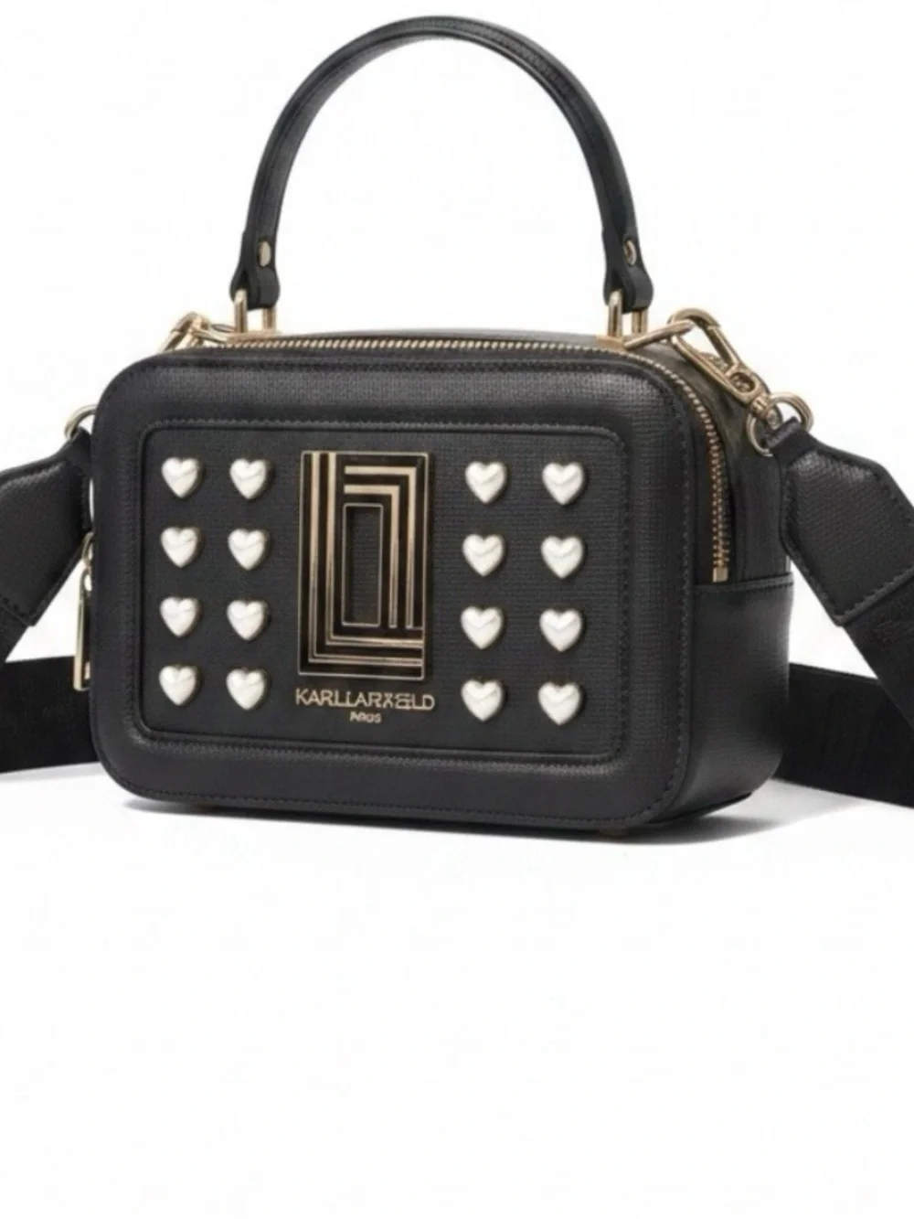 Karl Lagerfeld Black Heart-Accent Leather Camera Bag with Gold Hardware NWT